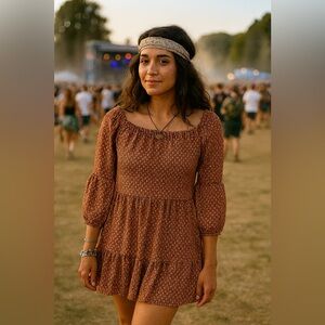 Max Studio Rust Long Sleeve Boho Prairie Dress XS